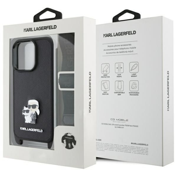 Cits mobilo telefonu aksesuārs Karl Lagerfeld Karl Lagerfeld KLHCP16LSAKCPBK iPhone 16 Pro 6.3" black/black hardcase Saffiano Karl&Choupette Metal Pin CBDY Strap
