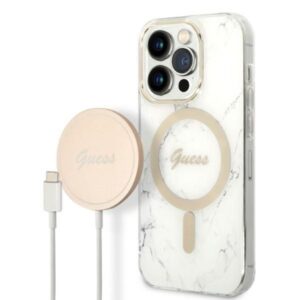 Aizmugurējais vāciņš Guess  Guess GUBPP14LHMEACSH Case+ Charger Set iPhone 14 Pro 6.1" white/white hard case Marble MagSafe