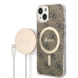 Nugarėlės dėklai Guess  Set Guess GUBPP14SH4EACSW Case+ Charger iPhone 14 6.1" brown/brown hard case 4G Print MagSafe 