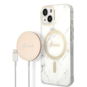 Nugarėlės dėklai Guess  Set Guess GUBPP14SHMEACSH Case+ Charger iPhone 14 6.1" white/white hard case Marble MagSafe 