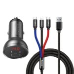 Adapter Baseus  Baseus 2x USB 4.8A 24W car charger with LCD + 3in1 cable USB - USB Type C / micro USB / Lightning 1.2m black (TZCCBX-0G) 