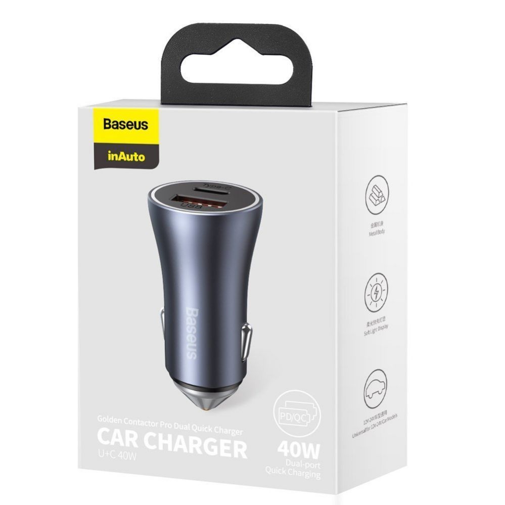 Adapter Baseus Baseus Golden Contactor Pro fast car charger USB Type C / USB 40 W Power Delivery 3.0 Quick Charge 4 + SCP FCP AFC gray (CCJD-0G)