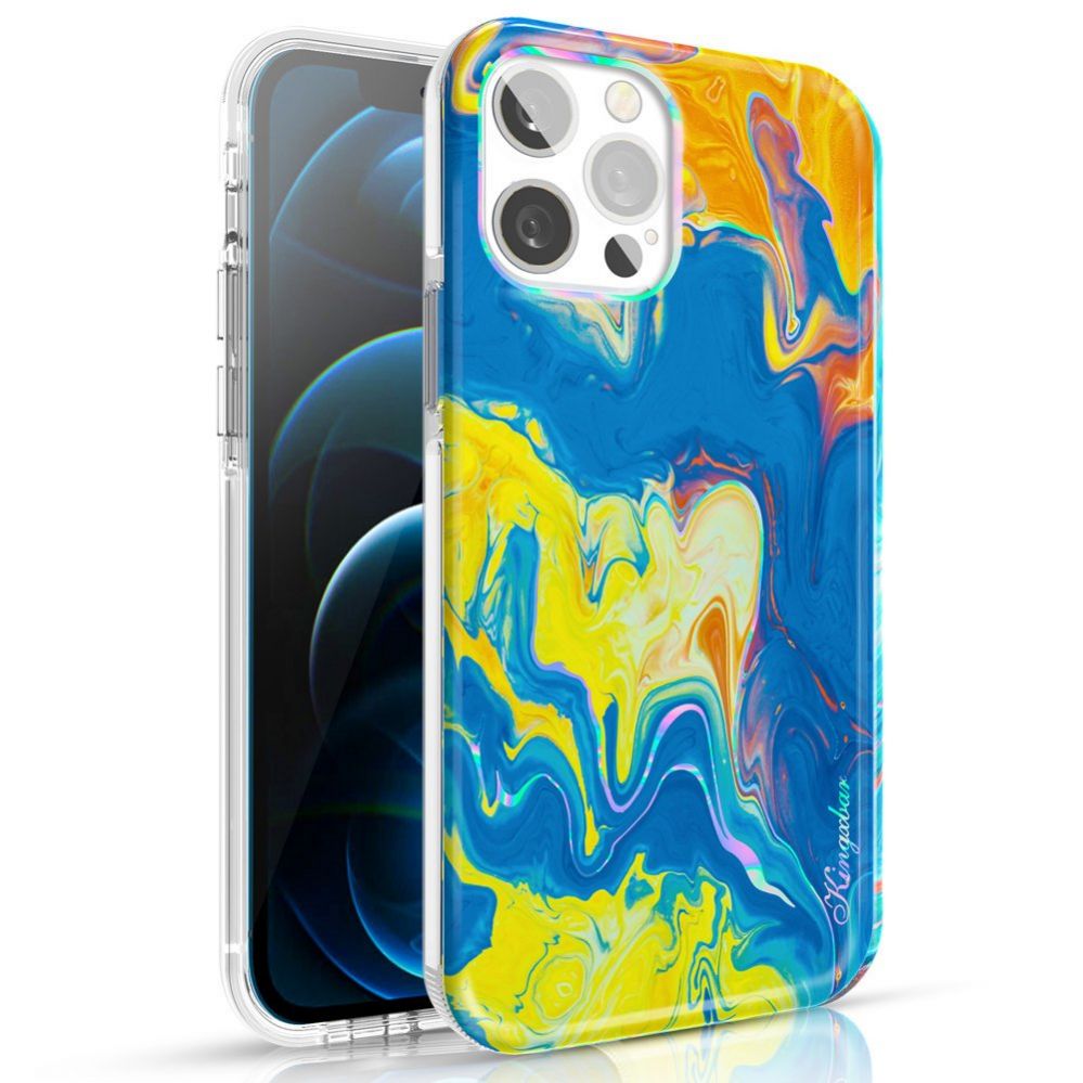Back panel cover Kingxbar Kingxbar Watercolor Series color case for iPhone 12 Pro / iPhone 12 yellowblue