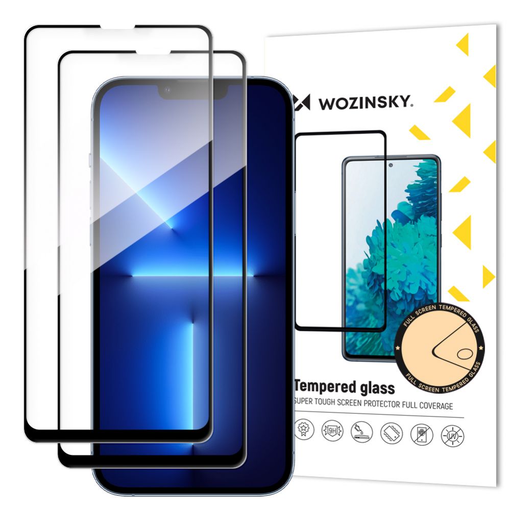 Protective glass Wozinsky Wozinsky Set of 2x Super Durable Full Glue Tempered Glass for the Entire Screen with Frame Case Friendly iPhone 16e, iPhone 14, iPhone 13 Pro / iPhone 13 Black