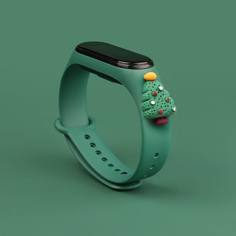Aizmugurējais vāciņš Hurtel Strap Xmas for Xiaomi Mi Band 3 / 4 Christmas Silicone Strap Bracelet with Christmas Tree - Dark Green