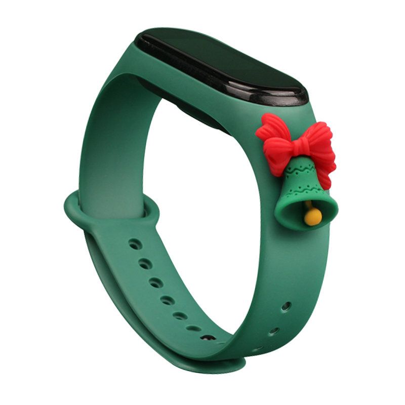 Aizmugurējais vāciņš Hurtel Strap Xmas for Xiaomi Mi Band 3 / 4 Christmas Silicone Strap Bracelet with Bell - Dark Green