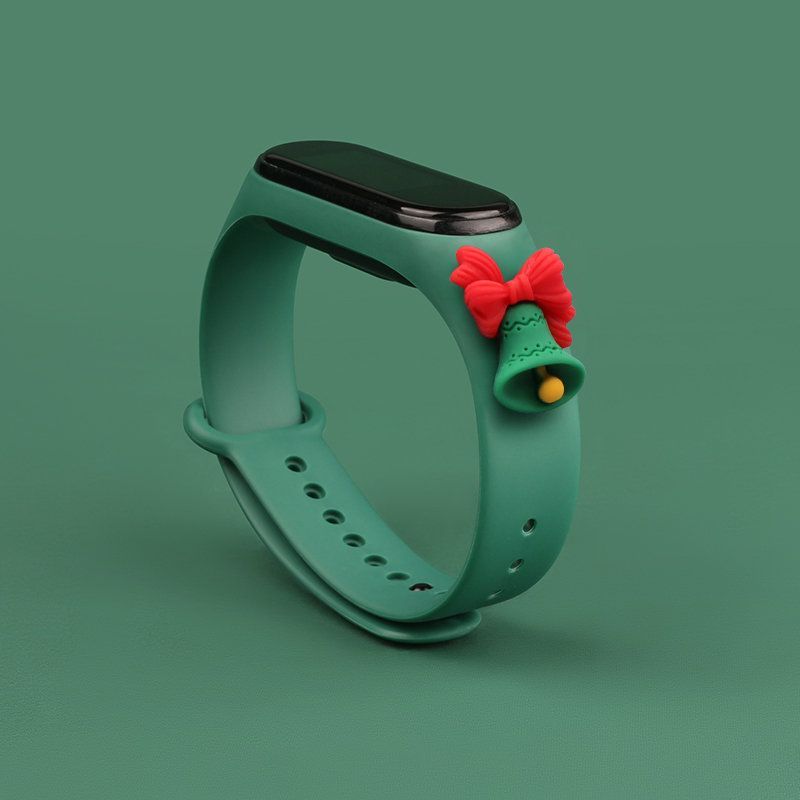 Aizmugurējais vāciņš Hurtel Strap Xmas for Xiaomi Mi Band 3 / 4 Christmas Silicone Strap Bracelet with Bell - Dark Green