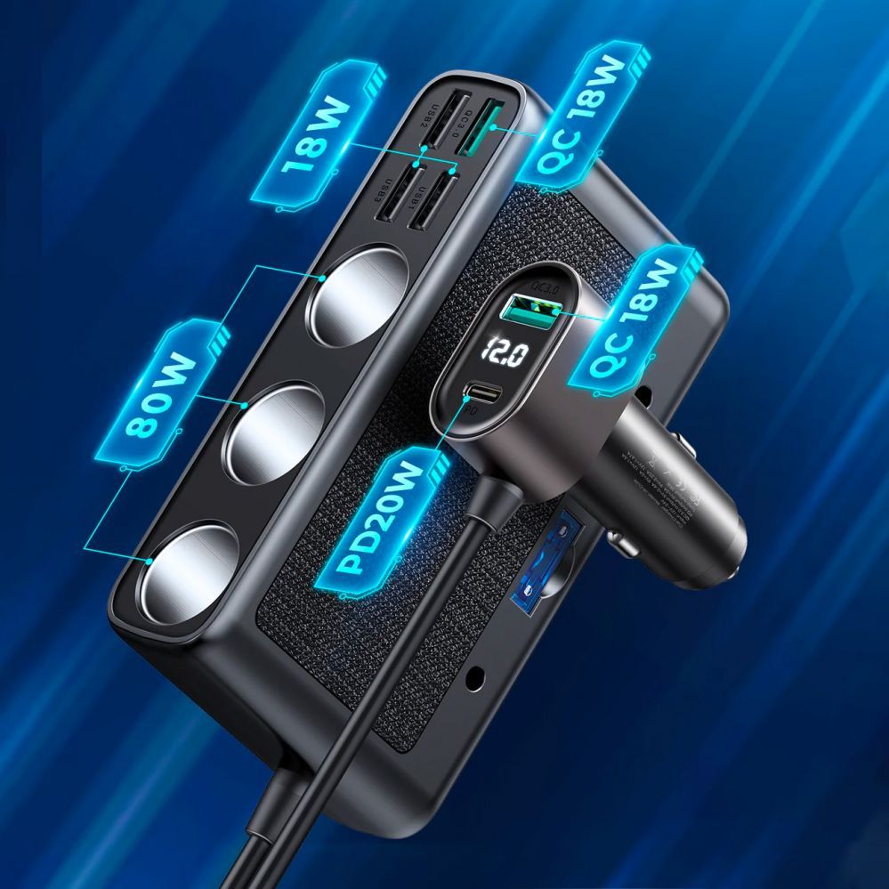 Adaptrid Joyroom Joyroom JR-CL06 9in1 car charger 154W 5x USB-A / USB-C / 3x cigarette lighter socket PD QC PPS - black