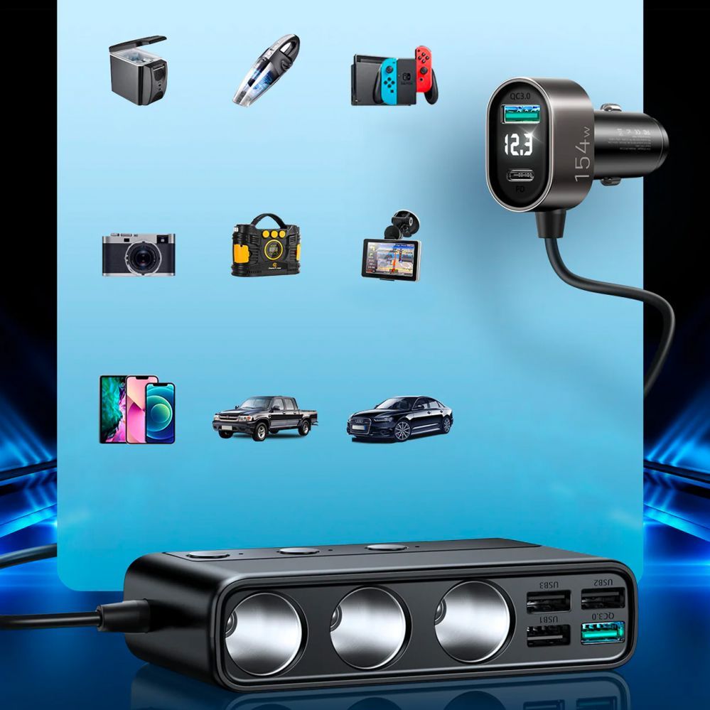 Adaptrid Joyroom Joyroom JR-CL06 9in1 car charger 154W 5x USB-A / USB-C / 3x cigarette lighter socket PD QC PPS - black