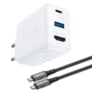 Adapteris Acefast  Acefast 2in1 charger GaN 65W USB Type C / USB, adapter adapter HDMI 4K @ 60Hz (set with cable) white (A17 white) 