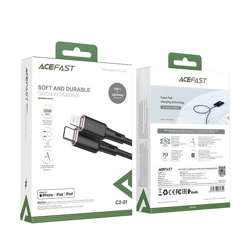 Cable Acefast Acefast cable MFI USB Type C - Lightning 1.2m, 30W, 3A black (C2-01 black)