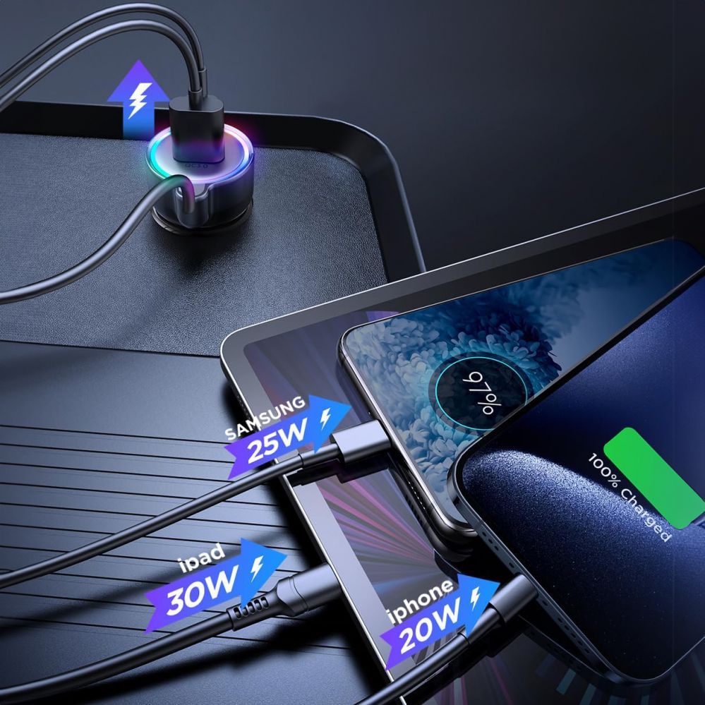 Autolaadijad Joyroom Joyroom 3 in 1 fast car charger with USB Type C cable 1.6m 60W black (JR-CL07)