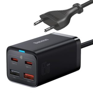 Adapteris Baseus  Baseus GaN3 Pro fast charger GaN 2 x USB Type C / 2 x USB 65W PD, QC4.0+, AFC, PPS + cable USB Type C - USB Type C 1m black (CCGP040101)