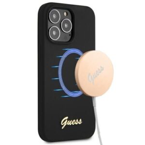 Aizmugurējais vāciņš Guess  Guess GUHMP13LLSLMGBK iPhone 13 Pro / 13 6.1" black/black hardcase Silicone Script Gold Logo MagSafe
