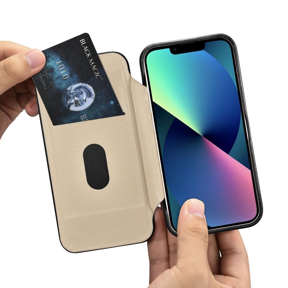 Back panel cover iCarer iCarer CE Oil Wax Premium Leather Folio Case Leather Case iPhone 14 Plus Magnetic Flip MagSafe Black (AKI14220707-BK)