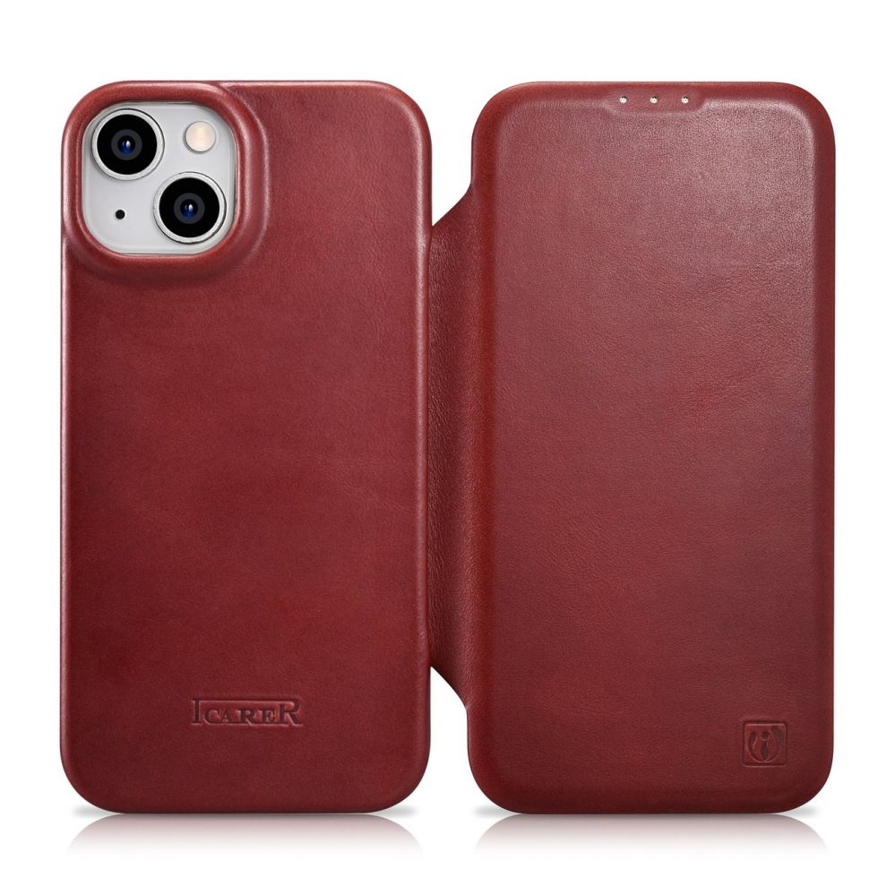 Back panel cover iCarer iCarer CE Oil Wax Premium Leather Folio Case iPhone 14 Plus Magnetic Flip Leather Folio Case MagSafe Red (AKI14220707-RD)
