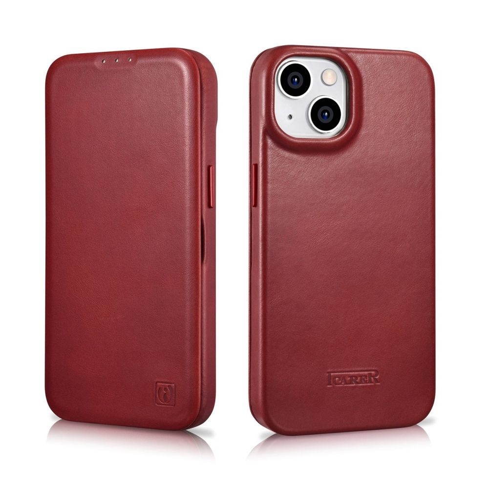 Back panel cover iCarer iCarer CE Oil Wax Premium Leather Folio Case iPhone 14 Plus Magnetic Flip Leather Folio Case MagSafe Red (AKI14220707-RD)