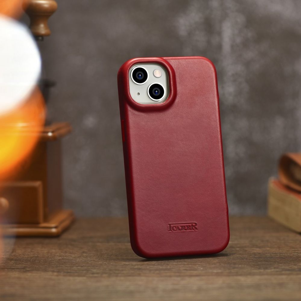 Back panel cover iCarer iCarer CE Oil Wax Premium Leather Folio Case iPhone 14 Plus Magnetic Flip Leather Folio Case MagSafe Red (AKI14220707-RD)