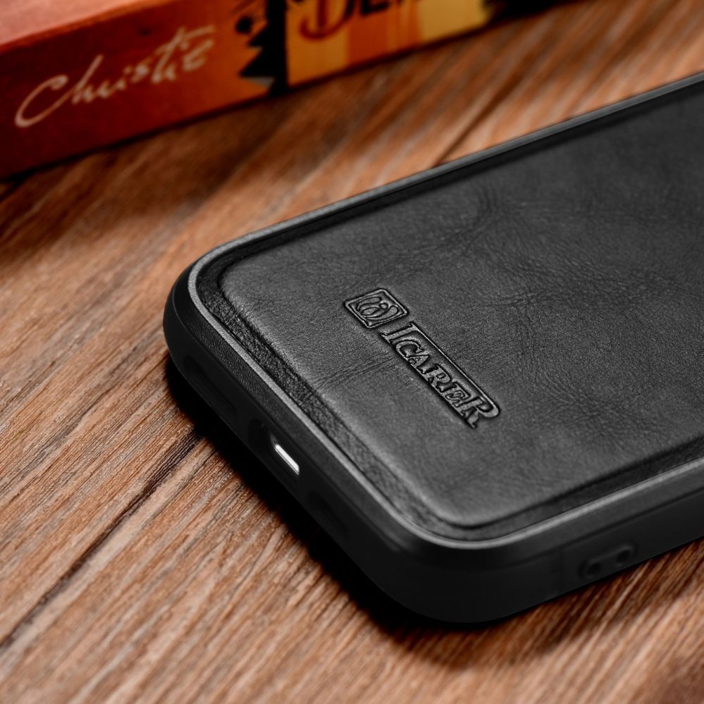 Tagakaaned iCarer iCarer Leather Oil Wax case covered with natural leather for iPhone 14 Plus black (WMI14220719-BK)