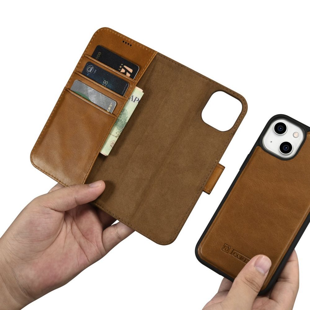 Tagakaaned iCarer iCarer Oil Wax Wallet Case 2in1 Cover iPhone 14 Plus Anti-RFID Leather Flip Case Brown (WMI14220723-TN)