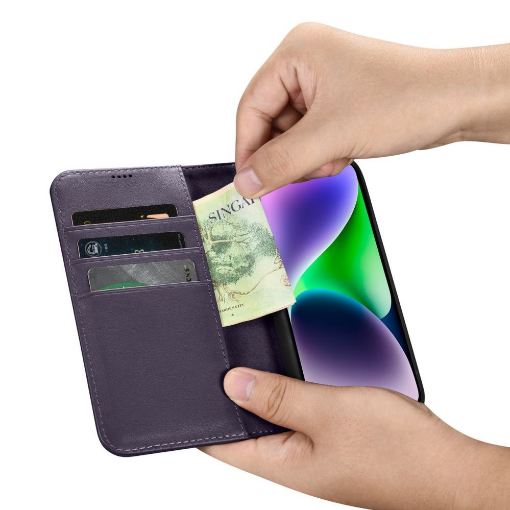 Tagakaaned iCarer iCarer Wallet Case 2in1 Cover iPhone 14 Plus Anti-RFID Leather Flip Case Dark Purple (WMI14220727-DP)