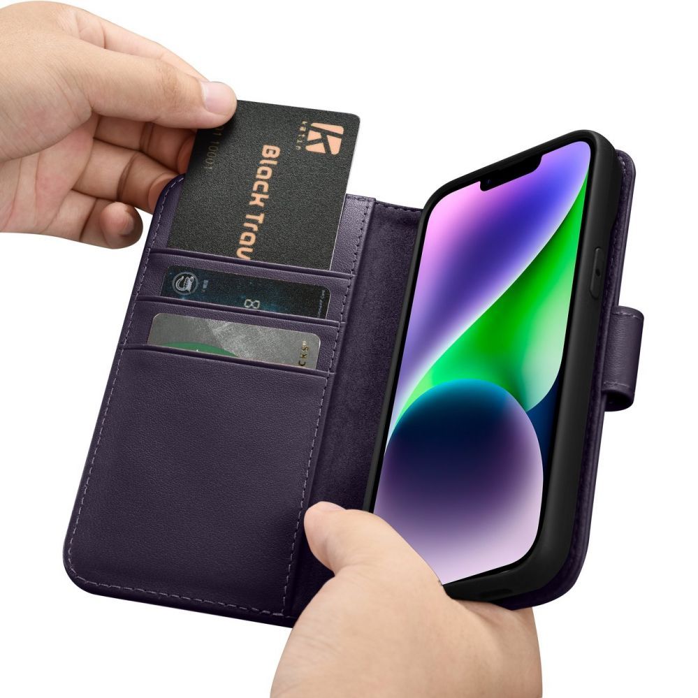 Tagakaaned iCarer iCarer Wallet Case 2in1 Cover iPhone 14 Plus Anti-RFID Leather Flip Case Dark Purple (WMI14220727-DP)