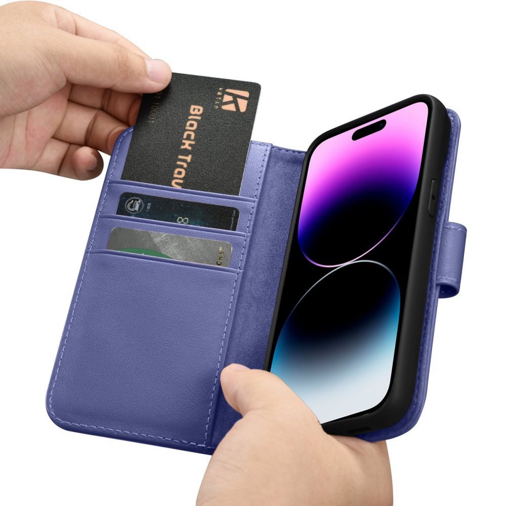 Tagakaaned iCarer iCarer Wallet Case 2in1 Cover iPhone 14 Pro Max Leather Flip Cover Anti-RFID Light Purple (WMI14220728-LP)