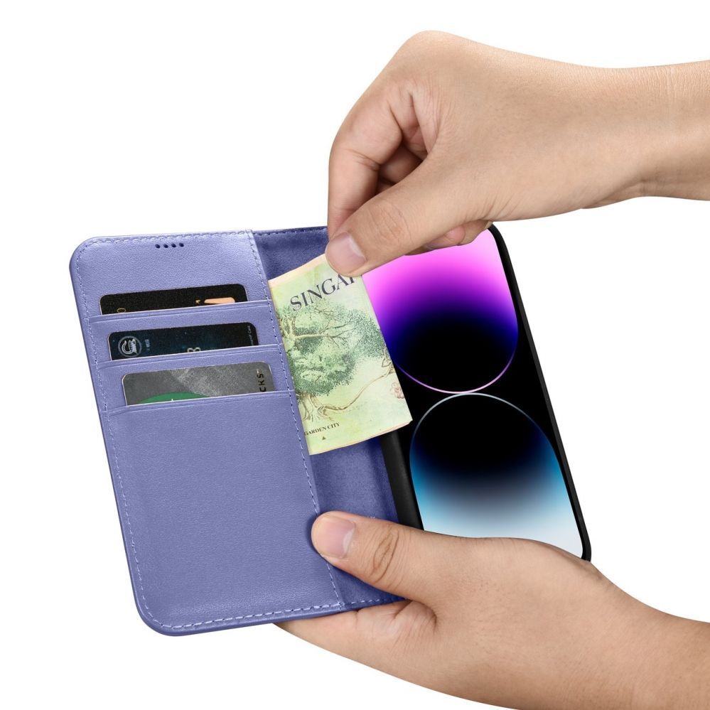 Tagakaaned iCarer iCarer Wallet Case 2in1 Cover iPhone 14 Pro Max Leather Flip Cover Anti-RFID Light Purple (WMI14220728-LP)