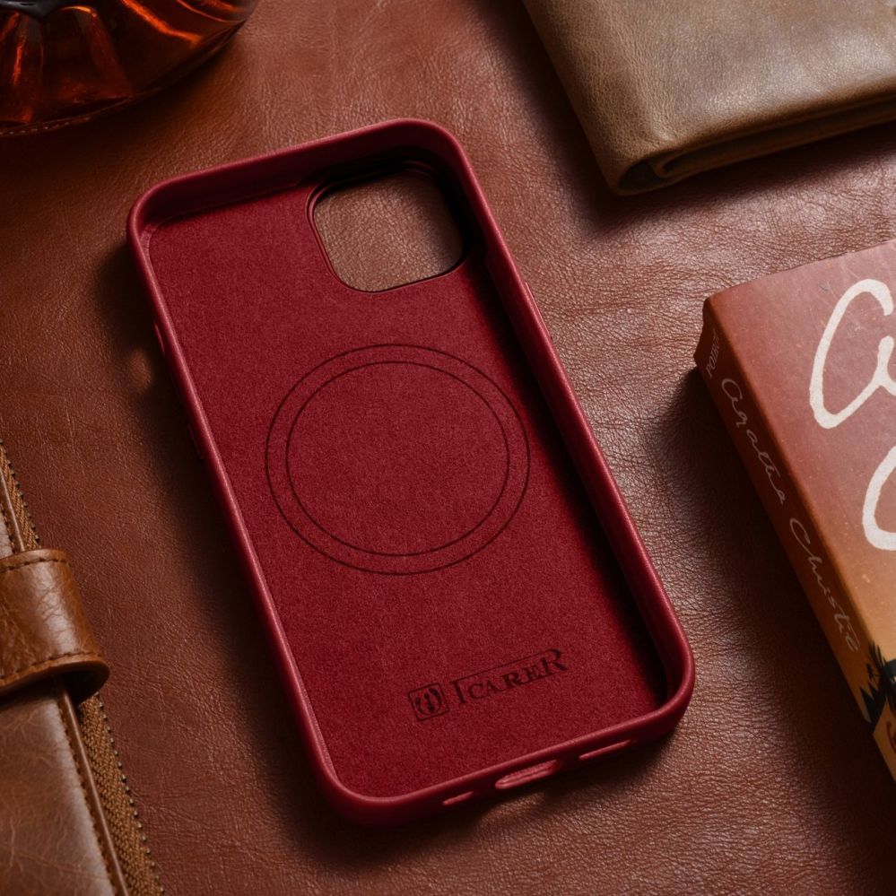 Aizmugurējais vāciņš iCarer iCarer Case Leather case cover made of natural leather for iPhone 14 Plus red (compatible with MagSafe)