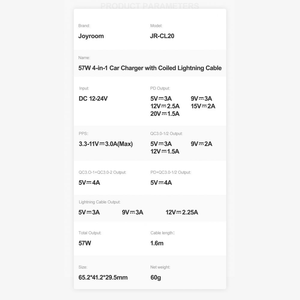 Cable Joyroom Joyroom fast car charger 4 in 1 PD, QC3.0, AFC, FCP with Lightning cable 1.6m 57W black (JR-CL20)
