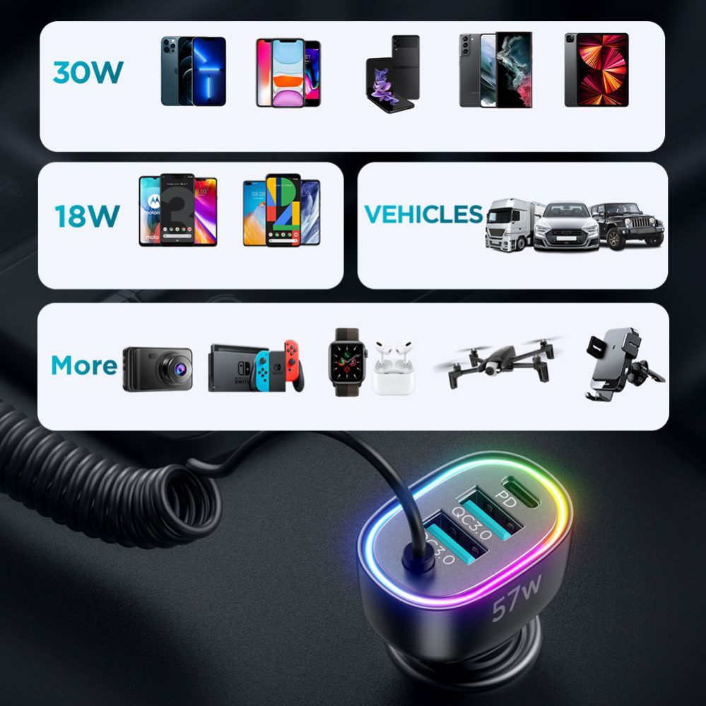 Cable Joyroom Joyroom fast car charger 4 in 1 PD, QC3.0, AFC, FCP with Lightning cable 1.6m 57W black (JR-CL20)