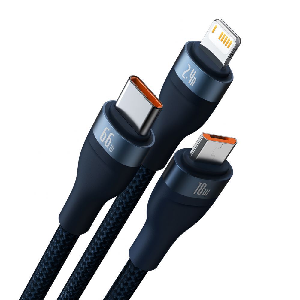 Cable Baseus Baseus Flash Series Ⅱ 3in1 Fast Charging Cable USB-A to USB-C / Micro-USB / Lightning 66W 480Mbps 1.2m Blue