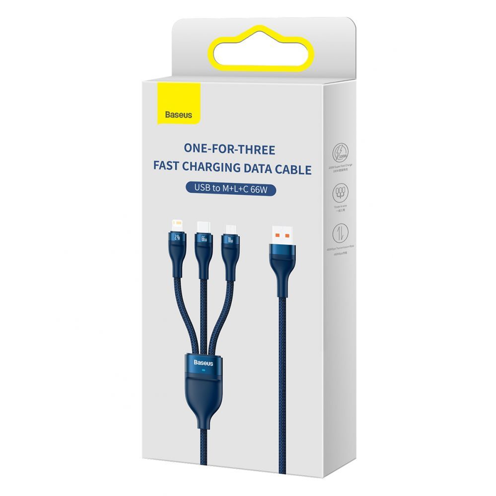 Cable Baseus Baseus Flash Series Ⅱ 3in1 Fast Charging Cable USB-A to USB-C / Micro-USB / Lightning 66W 480Mbps 1.2m Blue