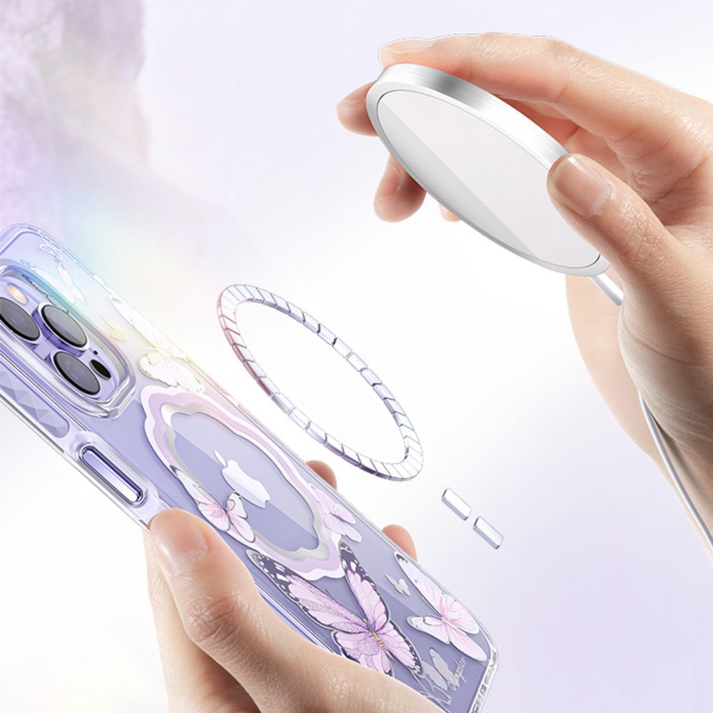 Aizmugurējais vāciņš Kingxbar Kingxbar Butterfly Series magnetic case for iPhone 14 Plus MagSafe case with butterflies pink