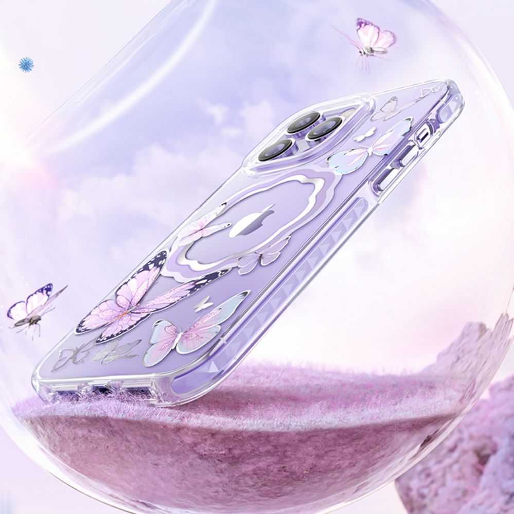 Aizmugurējais vāciņš Kingxbar Kingxbar Butterfly Series magnetic case for iPhone 14 Plus MagSafe case with butterflies pink