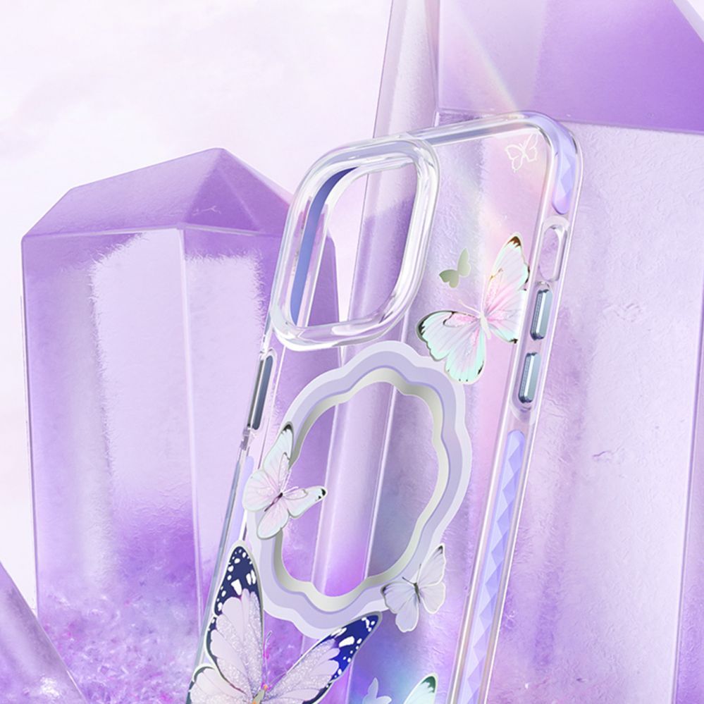 Aizmugurējais vāciņš Kingxbar Kingxbar Butterfly Series magnetic case for iPhone 14 Plus MagSafe case with butterflies pink