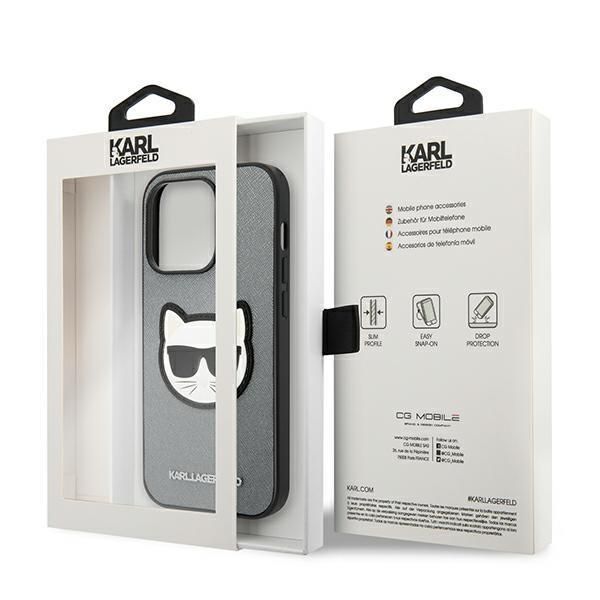 Aizmugurējais vāciņš Karl Lagerfeld Karl Lagerfeld KLHCP14LSAPCHG iPhone 14 Pro 6,1" hardcase srebrny/silver Saffiano Choupette Head Patch