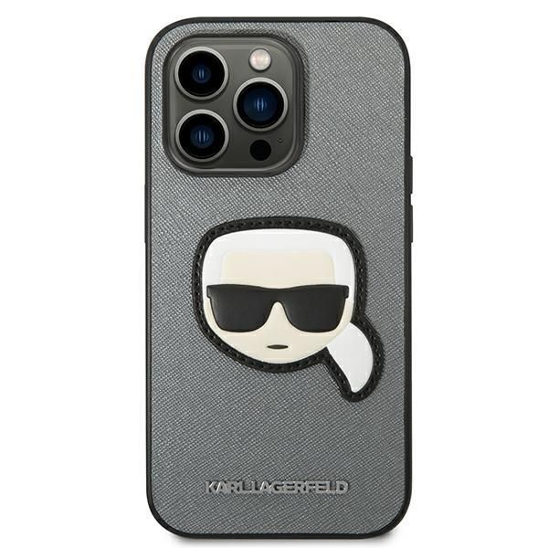 Back panel cover Karl Lagerfeld Karl Lagerfeld KLHCP14LSAPKHG iPhone 14 Pro 6,1" srebrny/silver hardcase Saffiano Karl`s Head Patch