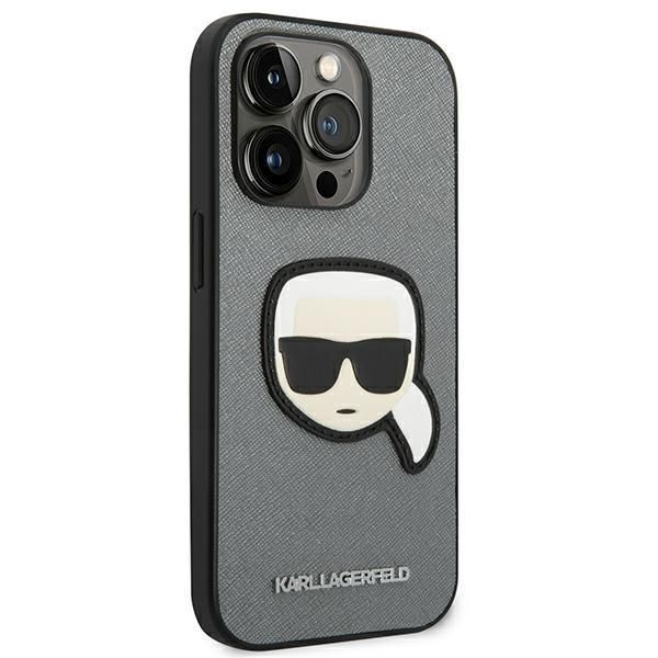 Nugarėlės dėklai Karl Lagerfeld Karl Lagerfeld KLHCP14XSAPKHG iPhone 14 Pro Max 6,7" srebrny/silver hardcase Saffiano Karl`s Head Patch