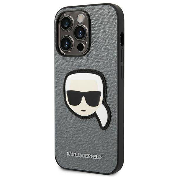 Nugarėlės dėklai Karl Lagerfeld Karl Lagerfeld KLHCP14XSAPKHG iPhone 14 Pro Max 6,7" srebrny/silver hardcase Saffiano Karl`s Head Patch