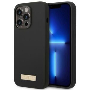 Nugarėlės dėklai Guess  Guess GUHMP14XSBPLK iPhone 14 Pro Max 6.7" black/black hard case Silicone Logo Plate MagSafe 