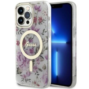 Nugarėlės dėklai Guess  Guess GUHMP14LHCFWST iPhone 14 Pro 6.1" transparent hardcase Flower MagSafe