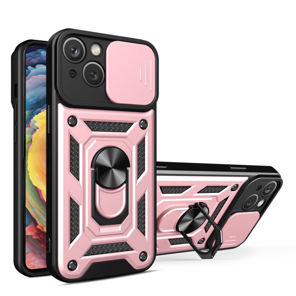 Tagakaaned Hurtel - Hybrid Armor Camshield Case with Stand and Camera Cover for iPhone 15 Plus - Pink