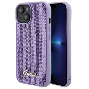Nugarėlės dėklai Guess  Guess Sequin Script Metal case for iPhone 15 - purple