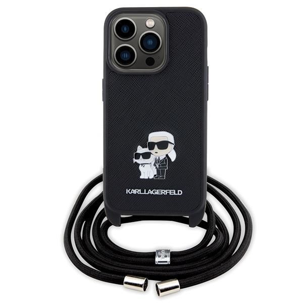 Back panel cover Karl Lagerfeld Karl Lagerfeld Crossbody Saffiano Metal Pin Karl & Choupette case for iPhone 15 Pro - black