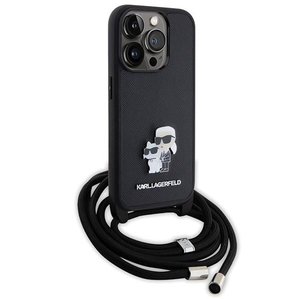 Back panel cover Karl Lagerfeld Karl Lagerfeld Crossbody Saffiano Metal Pin Karl & Choupette case for iPhone 15 Pro - black