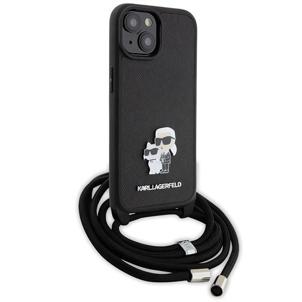 Back panel cover Karl Lagerfeld Karl Lagerfeld Crossbody Saffiano Metal Pin Karl & Choupette case for iPhone 15 Plus - black