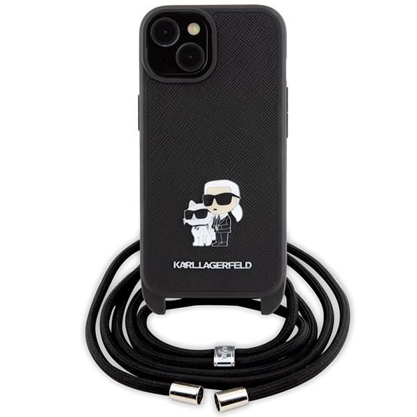 Back panel cover Karl Lagerfeld Karl Lagerfeld Crossbody Saffiano Metal Pin Karl & Choupette case for iPhone 15 Plus - black