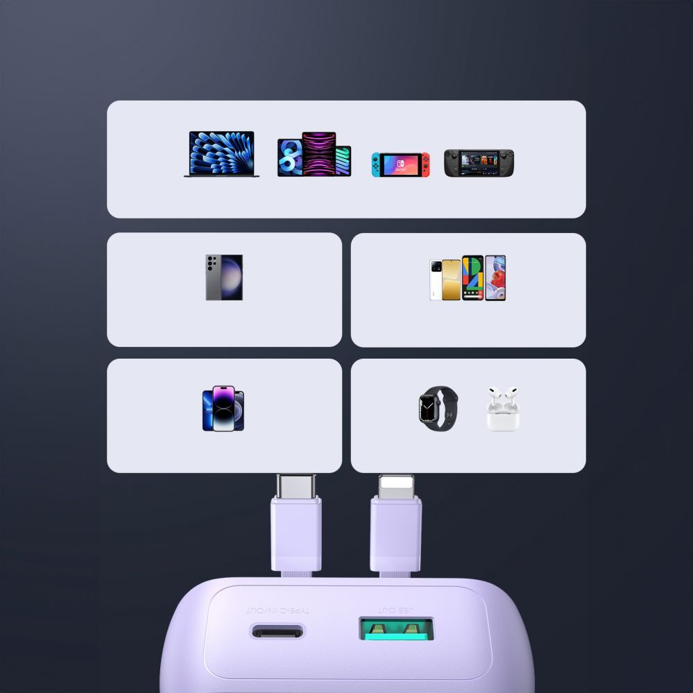 Ārējais akumulators Joyroom Joyroom JR-PBC06 mini power bank with built-in USB-C / Lightning cables 30W 10000mAh - purple