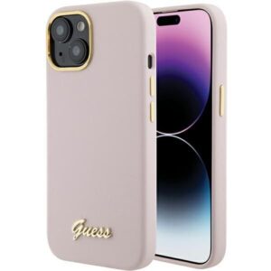 Nugarėlės dėklai Guess  Guess Silicone Script Metal Logo & Frame case for iPhone 15 - pink